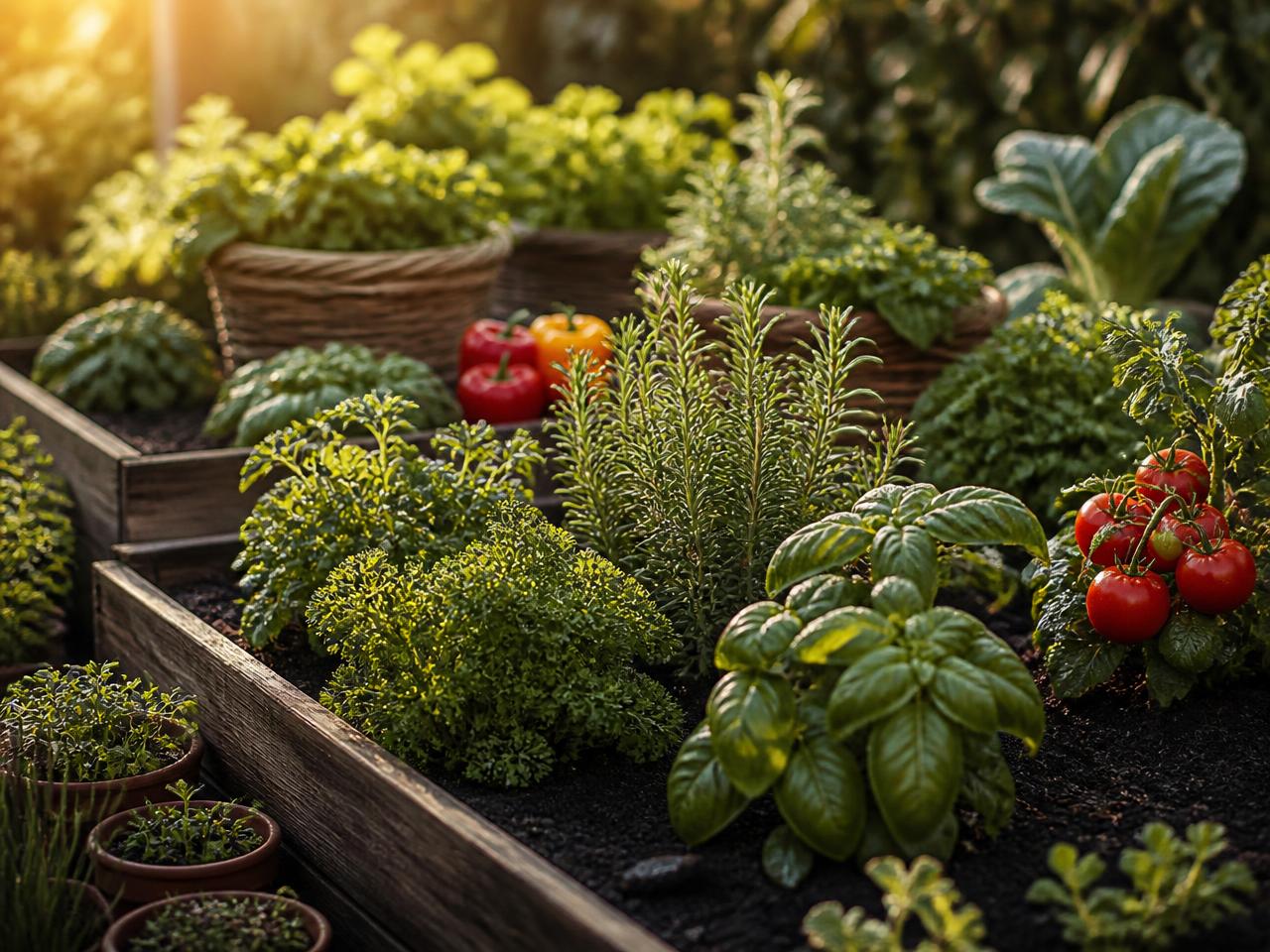 Kräuter- und Gemüsegarten mit reifen Tomaten, Paprika, Basilikum, Rosmarin und frischen Sprossen in warmem Morgenlicht