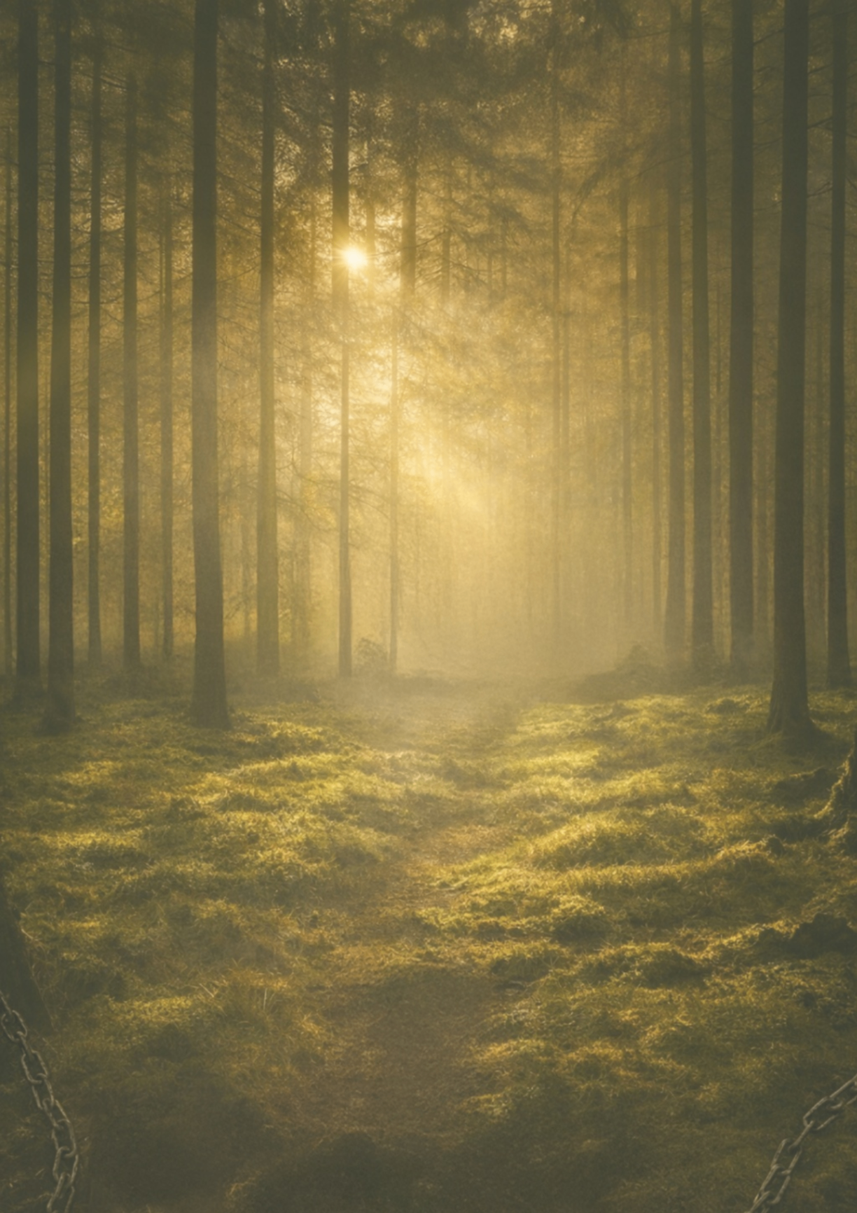 Goldener Sonnenstrahl-Wald im Morgenlicht