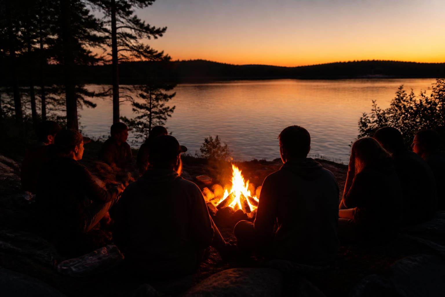 Menschen sitzen gemeinsam am Lagerfeuer am See in der Abenddämmerung